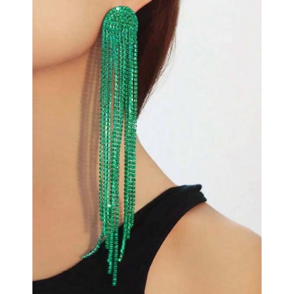 Boutique Jewelry - Green Rhinestone Long Tassel Earrings, NEW